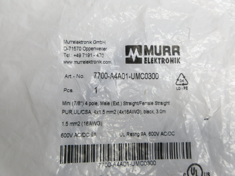 MURR ELEKTRONIK 7700-A4A01-UMC0300 600VAC 9A NSMP