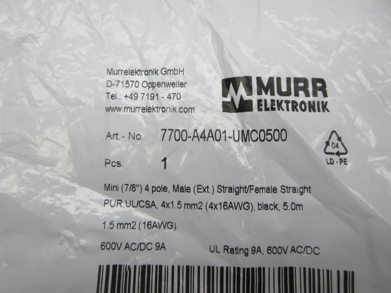 MURR ELEKTRONIK 7700-A4A01-UMC0500 600VAC/DC 9A NSMP