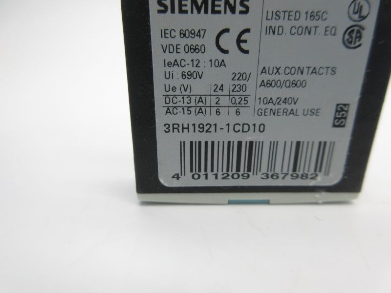 SIEMENS 3RH1921-1CD10 240V 10A NSNP