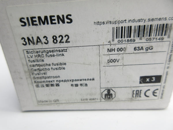 SIEMENS 3NA3822 500VAC 63A (PKG OF 3) NSMP