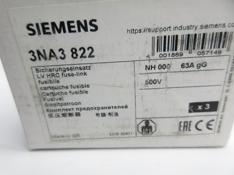 SIEMENS 3NA3822 500VAC 63A (PKG OF 3) NSMP