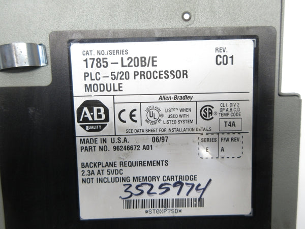 ALLEN BRADLEY 1785-L20B SER. E F/W A 5VDC 2.3A REV. C01 (NO KEY) UNMP