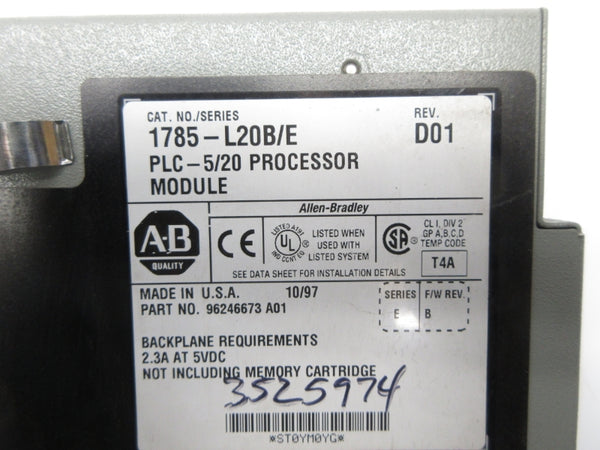ALLEN BRADLEY 1785-L20B SER. E F/W B 5VDC 2.3A REV. D01 (NO KEY) UNMP