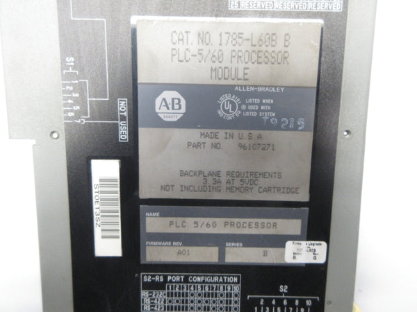 ALLEN BRADLEY 1785-L60B SER. B F/W A01 5VDC 3.3A (NO KEY) UNMP