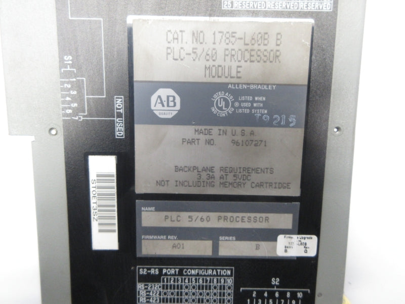 ALLEN BRADLEY 1785-L60B SER. B F/W A01 5VDC 3.3A (NO KEY) UNMP