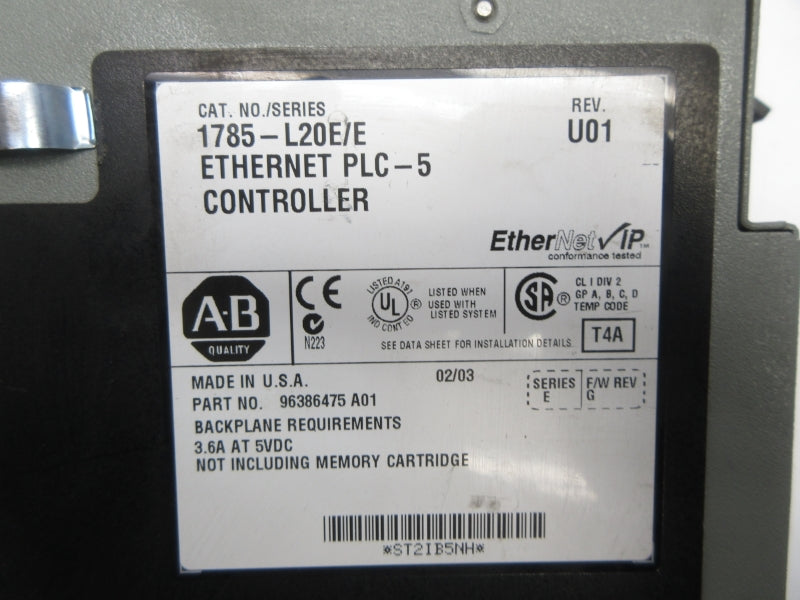 ALLEN BRADLEY 1785-L20E SER. E F/W G 5VDC 3.6A REV. U01 (NO KEY) UNMP