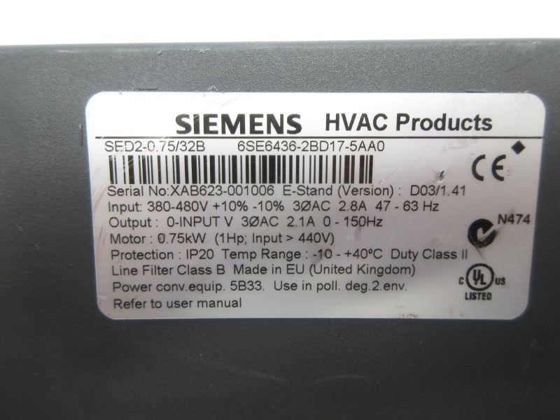 SIEMENS 6SE6436-2BD17-5AA0 380-480V 2.8A (AS PICTURED) NSNP