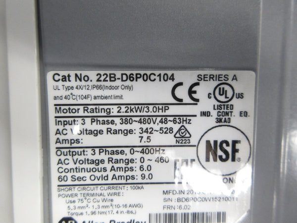 ALLEN BRADLEY 22B-D6P0C104 SER. A F/W 6.02 342-528VAC 7.5A UNMP