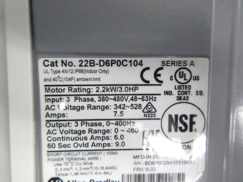 ALLEN BRADLEY 22B-D6P0C104 SER. A F/W 6.02 342-528VAC 7.5A UNMP