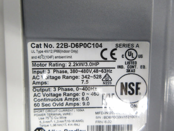 ALLEN BRADLEY 22B-D6P0C104 SER. A F/W 6.02 342-528VAC 7.5A UNMP