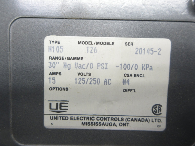UNITED ELECTRIC H105-126 125/250VAC 15A 30"HGVAC/0PSI NSNP