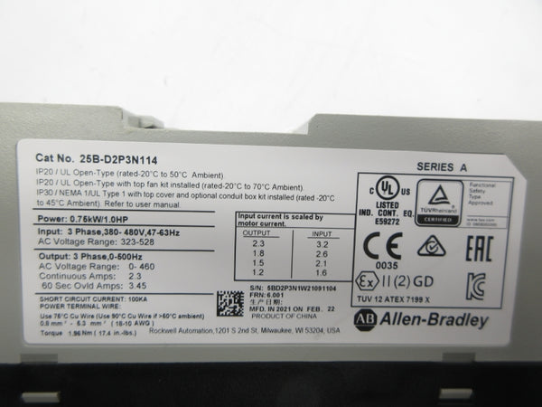 ALLEN BRADLEY 25B-D2P3N114 SER. A F/W 6.001 323-528VAC 3.2A NSNP