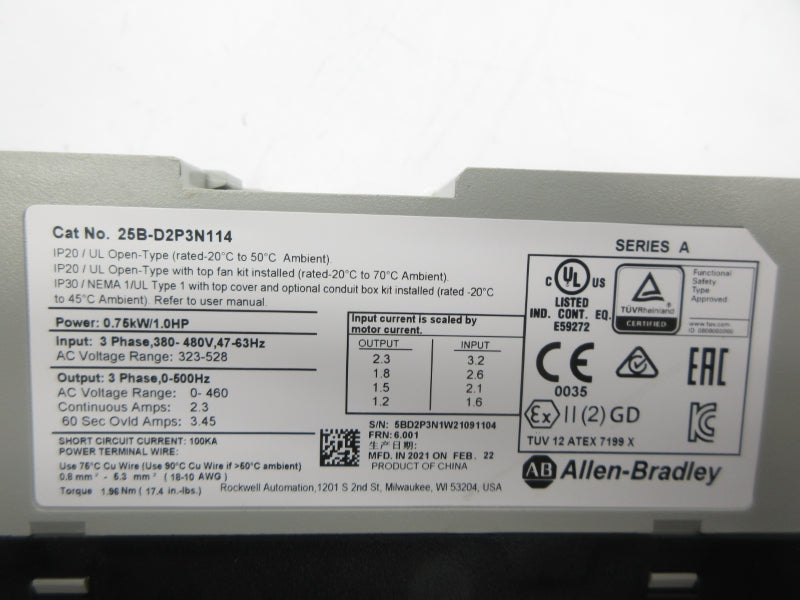 ALLEN BRADLEY 25B-D2P3N114 SER. A F/W 6.001 323-528VAC 3.2A NSNP