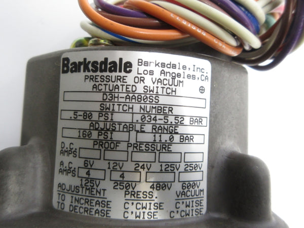BARKSDALE D3H-AA80SS 250V 4A .5-80PSI NSNP