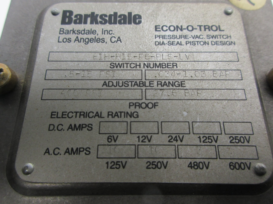 BARKSDALE E1H-H15-P6-PLS-LV 480VAC 3A .5-15PSI NSNP
