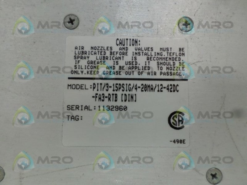 MOORE INDUSTRIES PIT/3-15PSIG/4-20MA/12-42DC-FA3-RTB TRANSMITTER UNMP