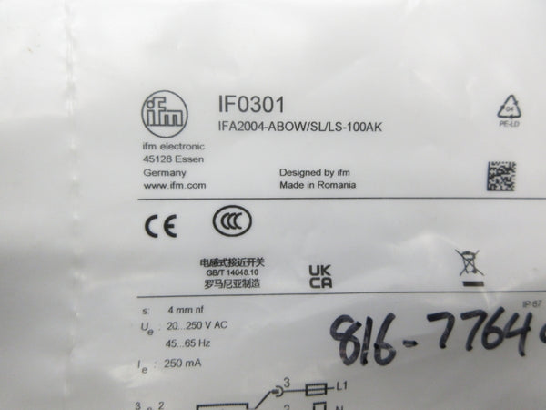 IFM EFECTOR IF0301 IFA2004-ABOW/SL/LS-100AK 20-250VAC NSMP