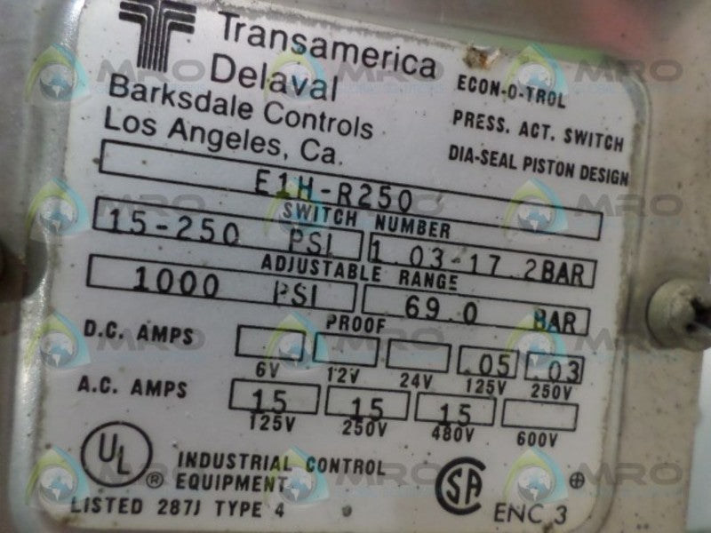 BARKSDALE E1H-R250 PRESSURE SWITCH UNMP