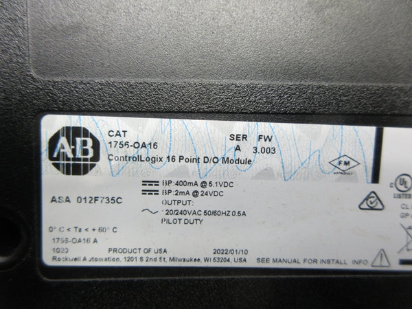 ALLEN BRADLEY 1756-OA16 SER. A F/W 3.003 120/240VAC 0.5A NSNP