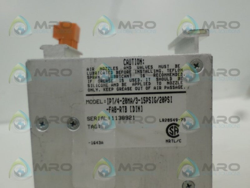 MOORE IPT/4-20MA/3-15PSIG/20PSI-FA8-RTB CURRENT PRESSURE TRANSMITTER UNMP