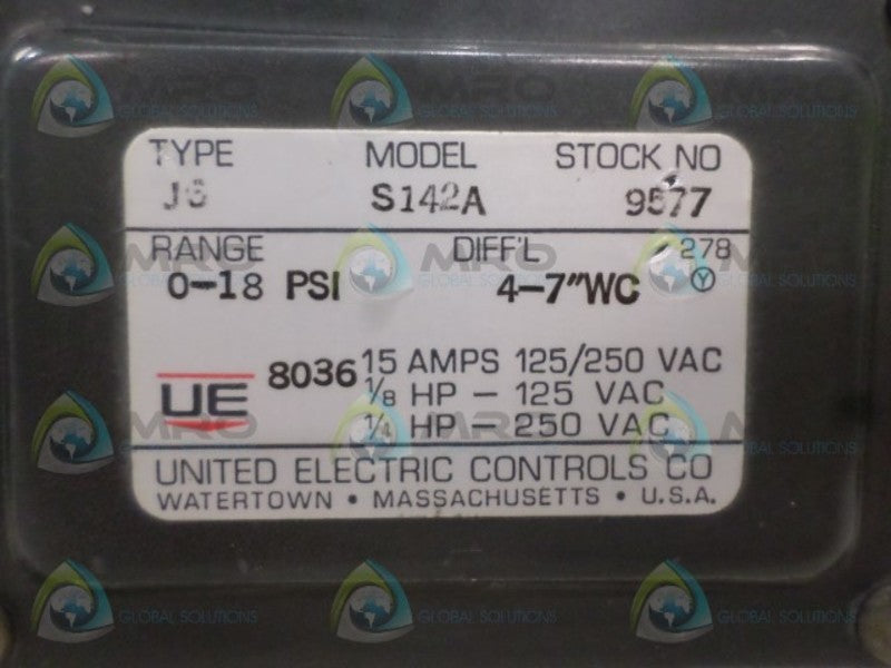 UNITED ELECTRIC J6-S142A PRESSURE SWITCH 0-18 PSI 4-7" WC NSNP