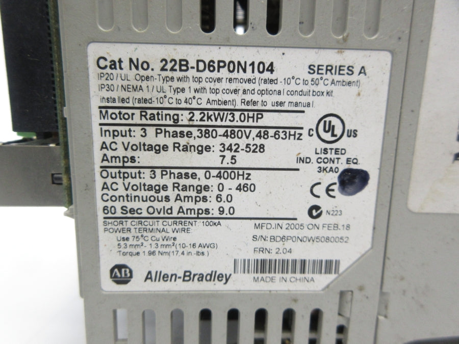INDUSTRIAL SPARE PART 22B-D6P0N104 SER. A F/W 2.04 342-528VAC 7.5A (AS PICTURED) UNMP