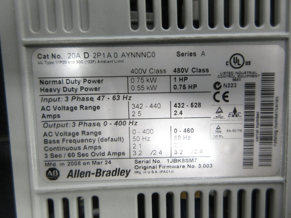 INDUSTRIAL SPARE PART 20AD2P1A0AYNNNC0 SER. A F/W 3.003 432-528VAC 2.4A NSNP