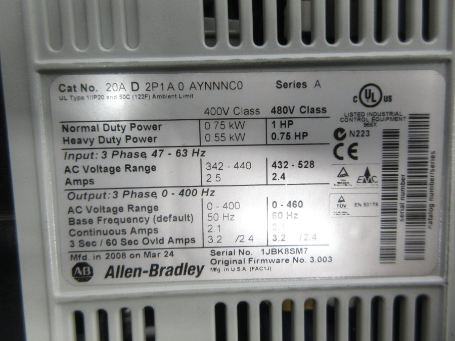 ALLEN BRADLEY 20AD2P1A0AYNNNC0 SER. A F/W 3.003 432-528VAC 2.4A NSNP