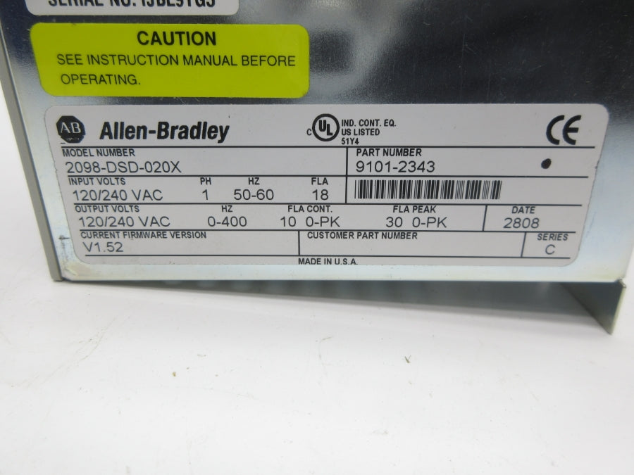 ALLEN BRADLEY 2098-DSD-020X SER. C F/W V1.52 120/240VAC 18A NSNP
