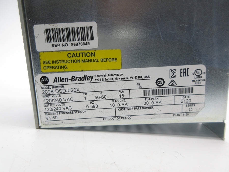 ALLEN BRADLEY 2098-DSD-020X SER. C F/W V1.60 120/240VAC 18A NSNP