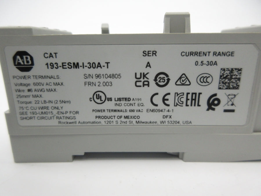 ALLEN BRADLEY 193-ESM-I-30A-T SER. A F/W 2.003 0.5-30A NSNP