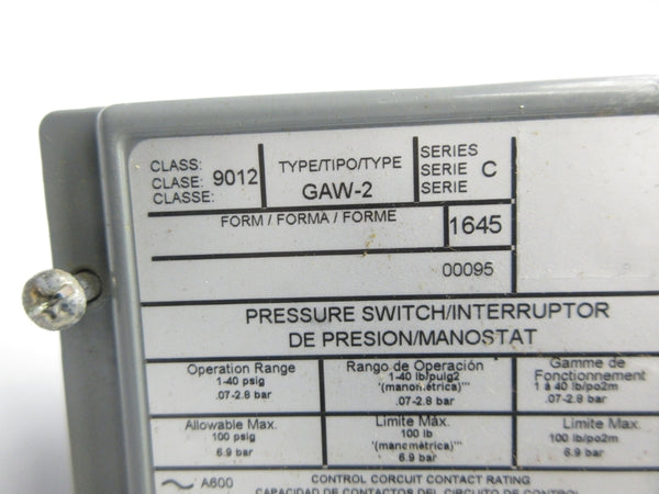 SQUARE D 9012GAW-2 SER. C 1-40PSI UNMP