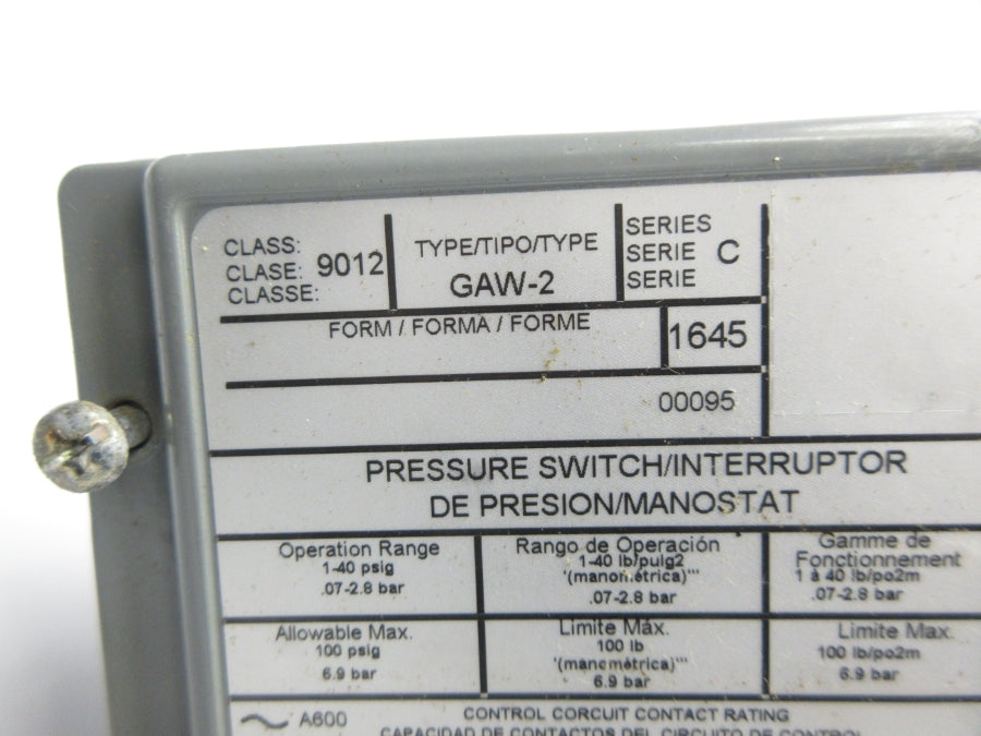 SQUARE D 9012GAW-2 SER. C 1-40PSI UNMP