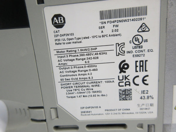 ALLEN BRADLEY 22F-D4P2N103 SER. A F/W 2.02 342-528VAC 6.0A NSNP