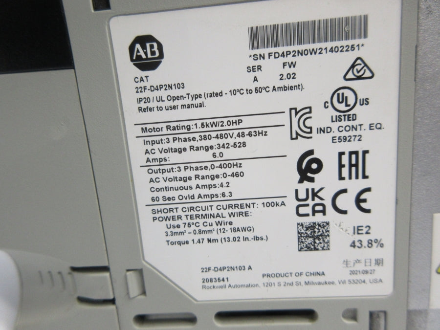 ALLEN BRADLEY 22F-D4P2N103 SER. A F/W 2.02 342-528VAC 6.0A NSNP