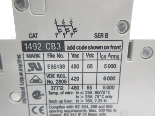 ALLEN BRADLEY 1492-CB3H120 SER. B 480VAC 12A NSNP