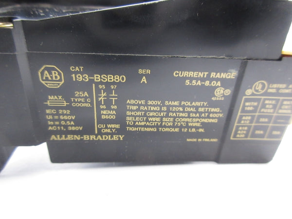 ALLEN BRADLEY 193-BSB80 SER. A 5.5A-8.0A NSNP