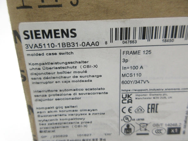 SIEMENS 3VA5110-1BB31-0AA0 347V 100A NSMP
