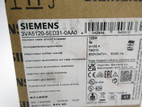 SIEMENS 3VA5120-5ED31-0AA0 347V 20A NSMP