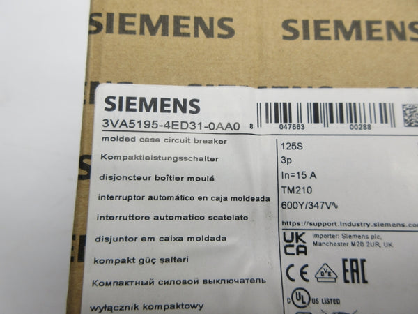 SIEMENS 3VA5195-4ED31-0AA0 347V 15A NSMP