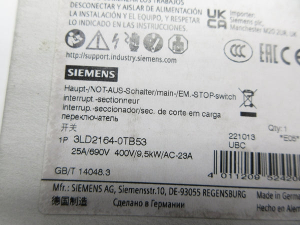 SIEMENS 3LD2164-0TB53 690V 25A NSMP