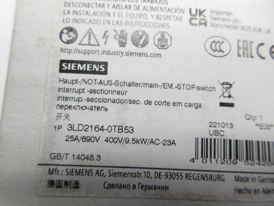 SIEMENS 3LD2164-0TB53 690V 25A NSMP