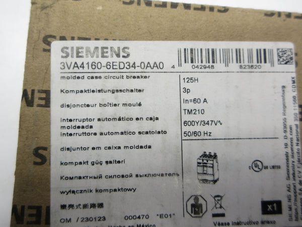 SIEMENS 3VA4160-6ED34-0AA0 347V 60A NSMP