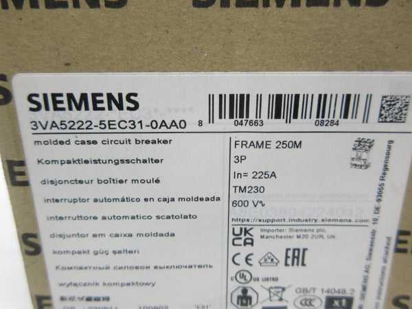 SIEMENS 3VA5222-5EC31-0AA0 600V 225A NSMP
