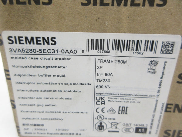 SIEMENS 3VA5280-5EC31-0AA0 600V 80A NSMP