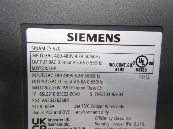SIEMENS 6SL3210-5BE22-2CV0 380-480V 6.4A UNMP