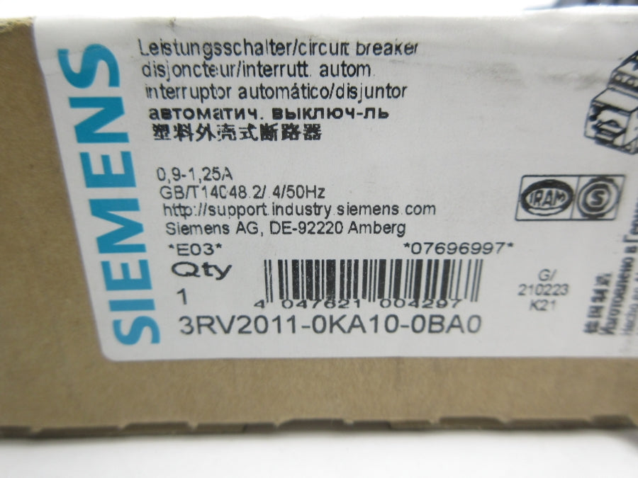 SIEMENS 3RV2011-0KA10-0BA0 0.9-1.25A NSMP