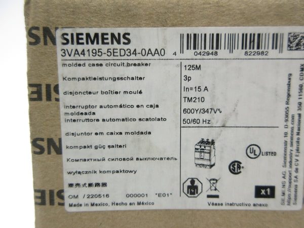 SIEMENS 3VA4195-5ED34-0AA0 347V 15A NSMP