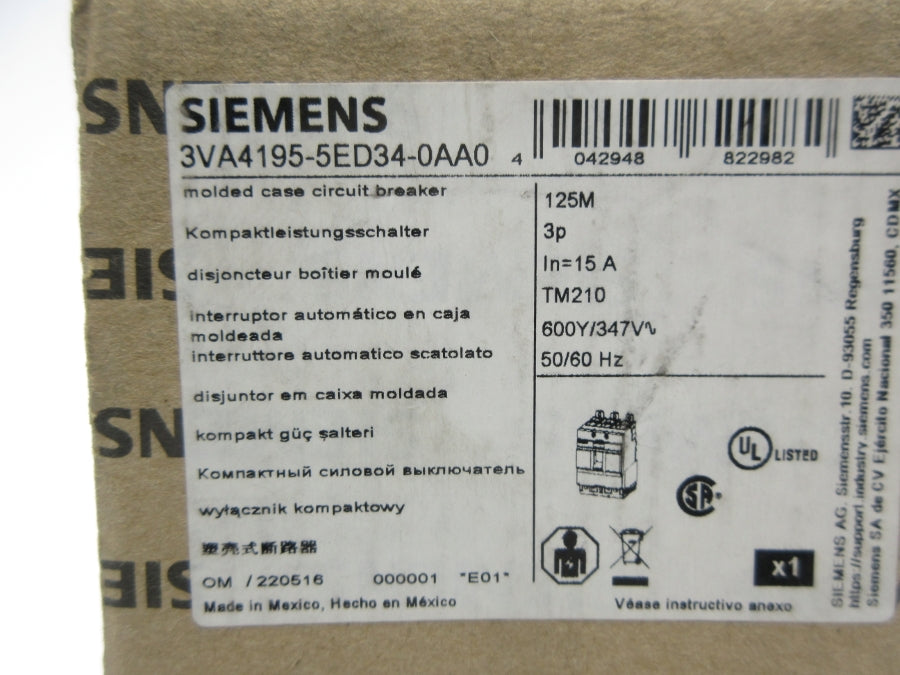 SIEMENS 3VA4195-5ED34-0AA0 347V 15A NSMP