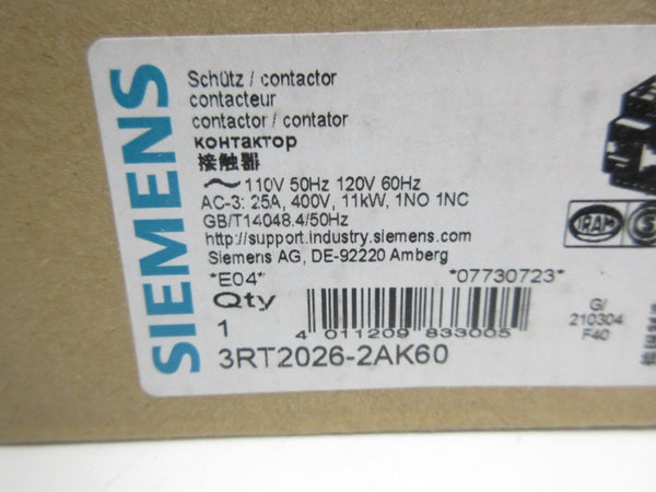 SIEMENS 3RT2026-2AK60 110/120V NSMP